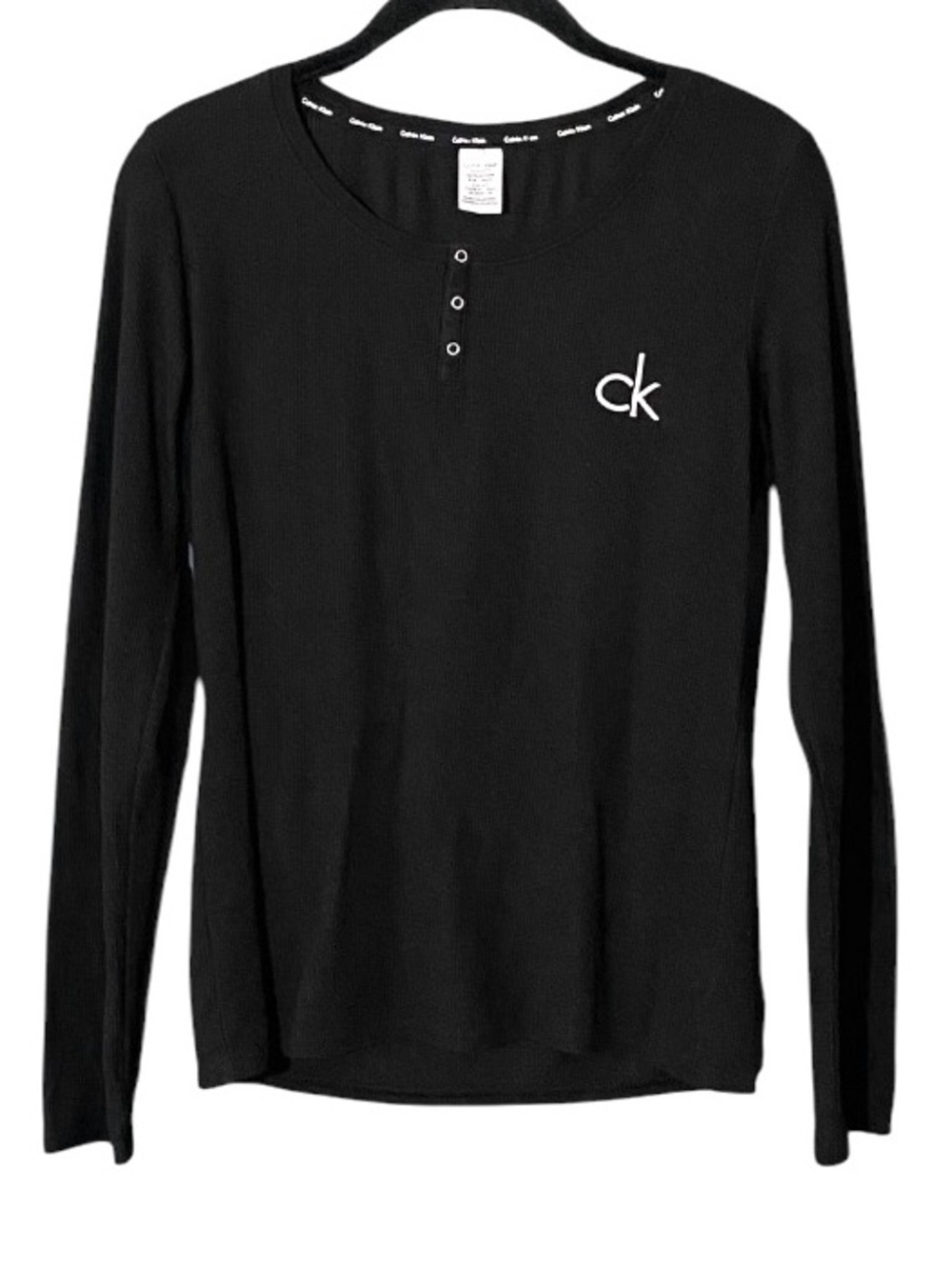 Calvin Klein Sleepwear Black Ribbed Henley Long Sleeve Logo Top XS - Picture 2 of 7